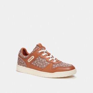 Brown Men Coach C201 In Micro Signature Jacquard Burnished Amber Sneakers | MY_CH84732