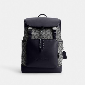 Navy Men Coach League Flap In Signature Jacquard Backpacks | MY_CH34546