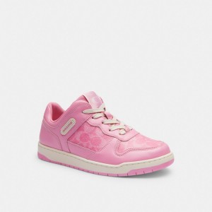 Pink Women Coach C201 Low Top In Signature Canvas Vivid Sneakers | MY_CH28741