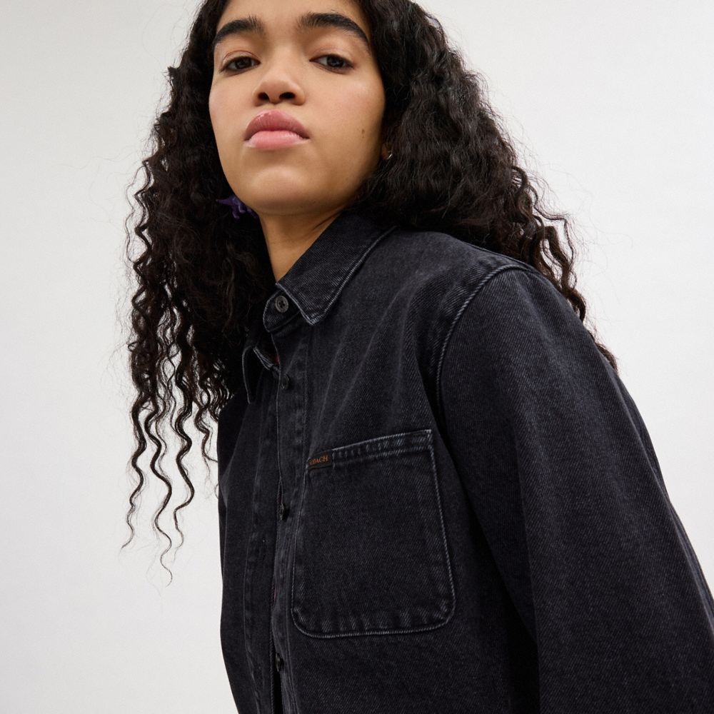 Black Women Coach Cropped Denim Button Down In Organic Cotton Tops | MY_CH68772