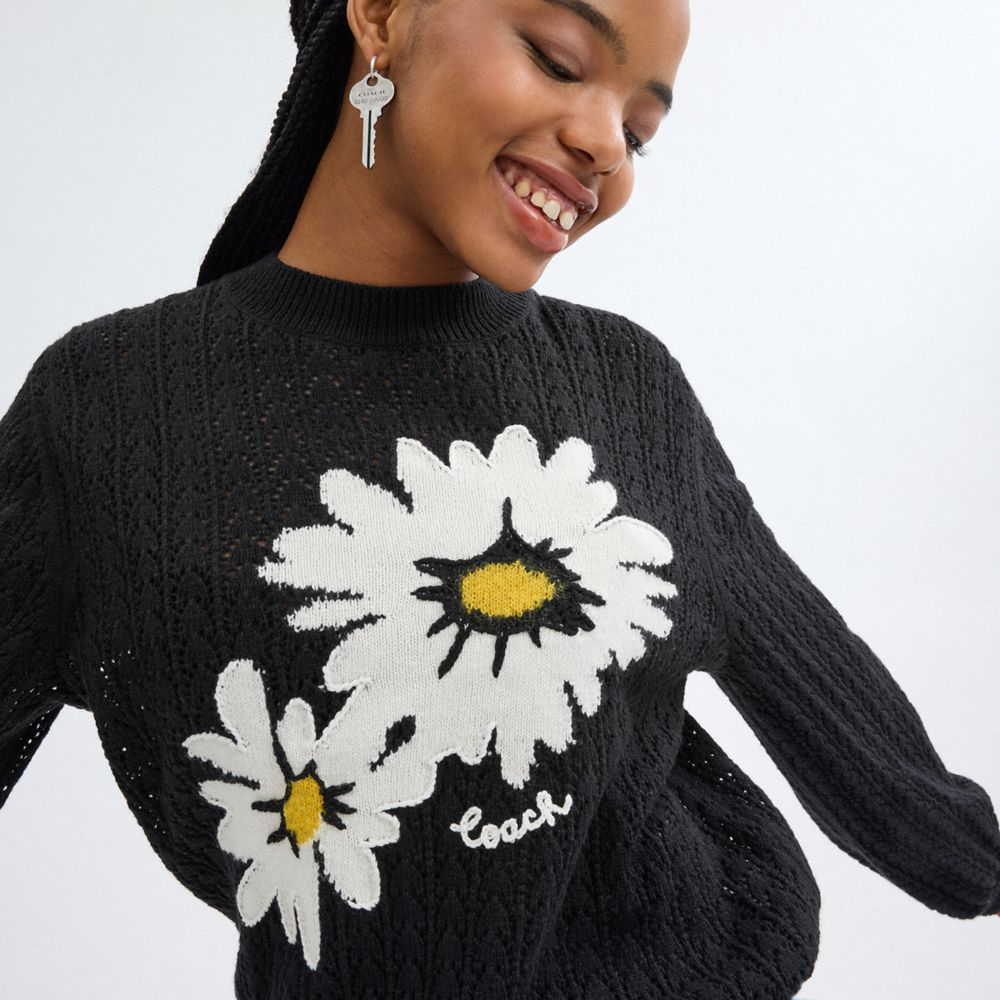 Black Women Coach Floral Crewneck Sweaters | MY_CH31450