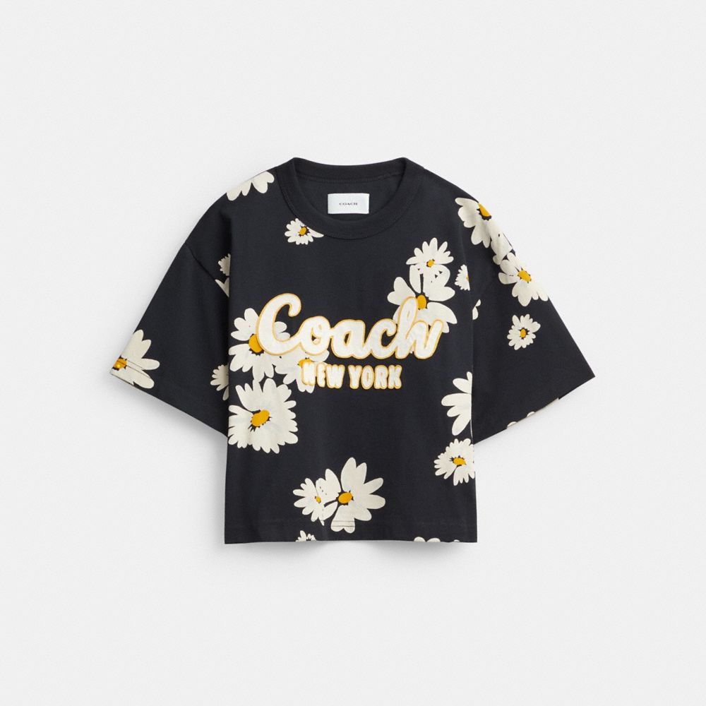 Black Women Coach Floral Cropped Signature Script In Organic Cotton T Shirts | MY_CH47939