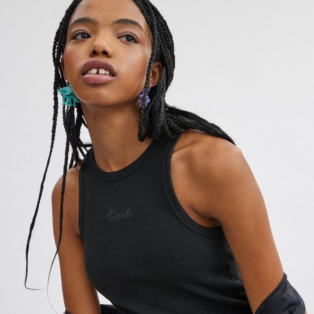 Black Women Coach Ribbed Script Tank Top Tops | MY_CH81260