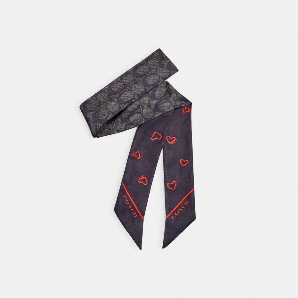 Black / Red Women Coach Hearts Print Silk Skinny Scarf | MY_CH19291