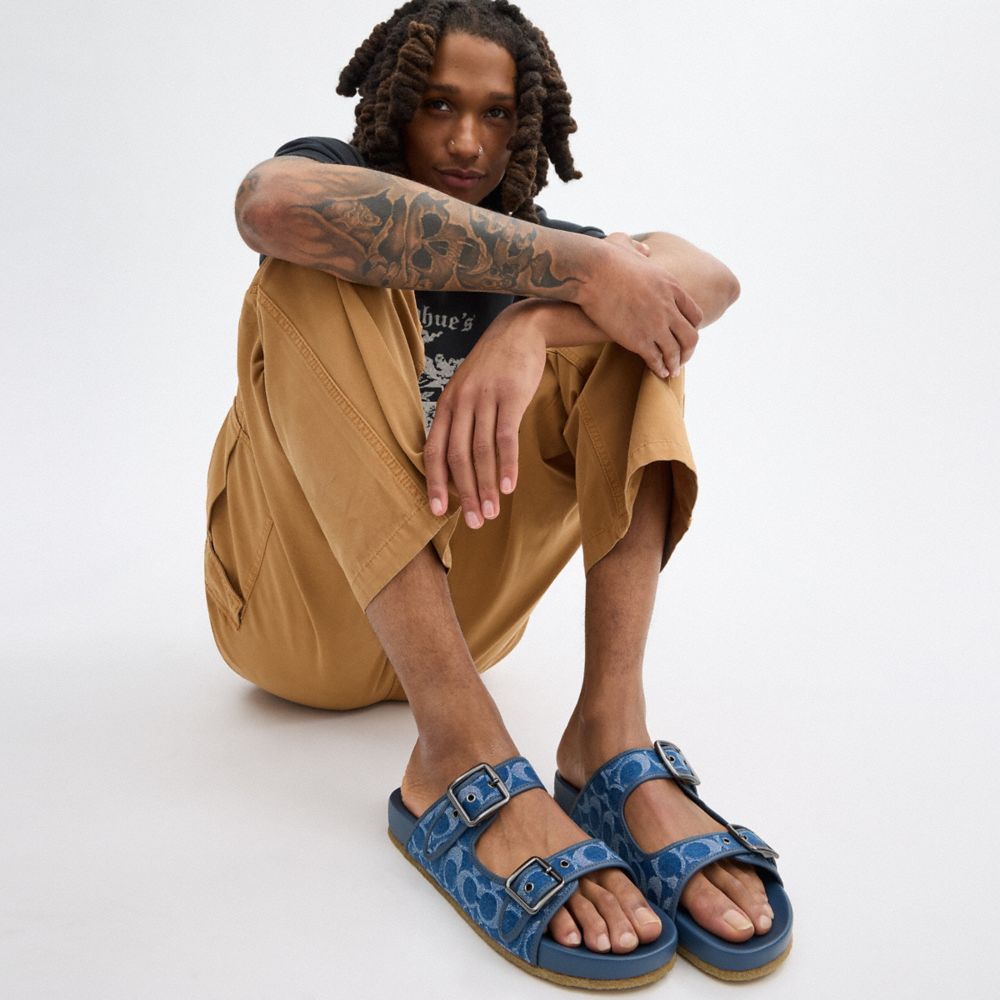 Blue Men Coach Buckle Strap In Signature Denim Denim Sandals | MY_CH89670