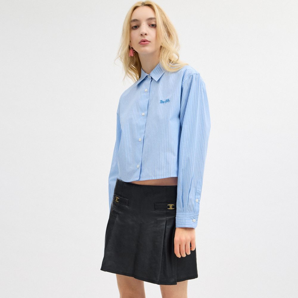 Blue Women Coach Striped Cropped Button Up Shirt Tops | MY_CH34816