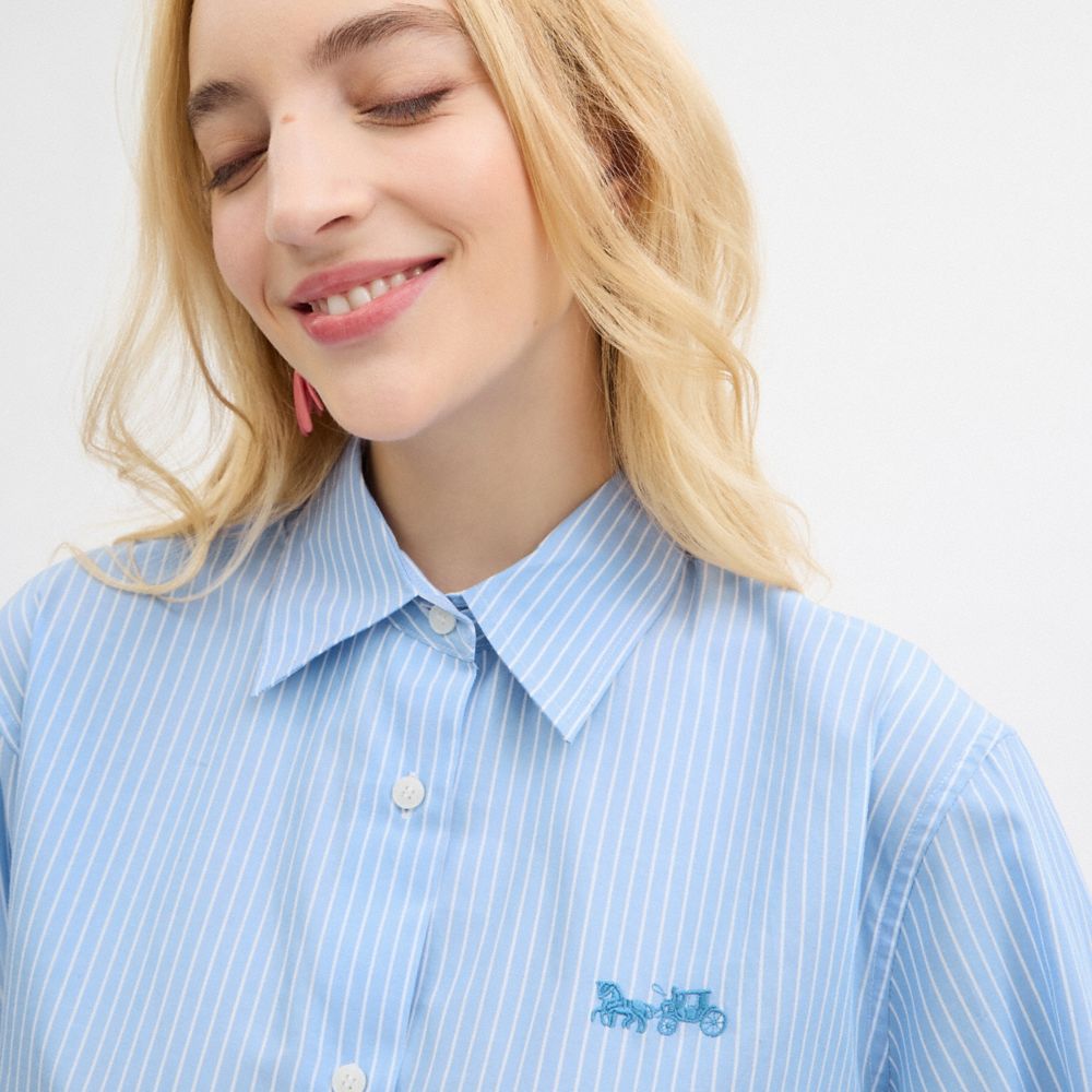 Blue Women Coach Striped Cropped Button Up Shirt Tops | MY_CH34816