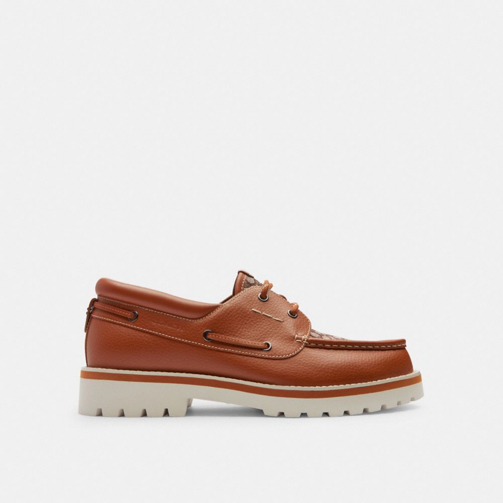 Brown Men Coach Benson Boat Shoe In Signature Jacquard Burnished Amber Boat Shoes | MY_CH60189