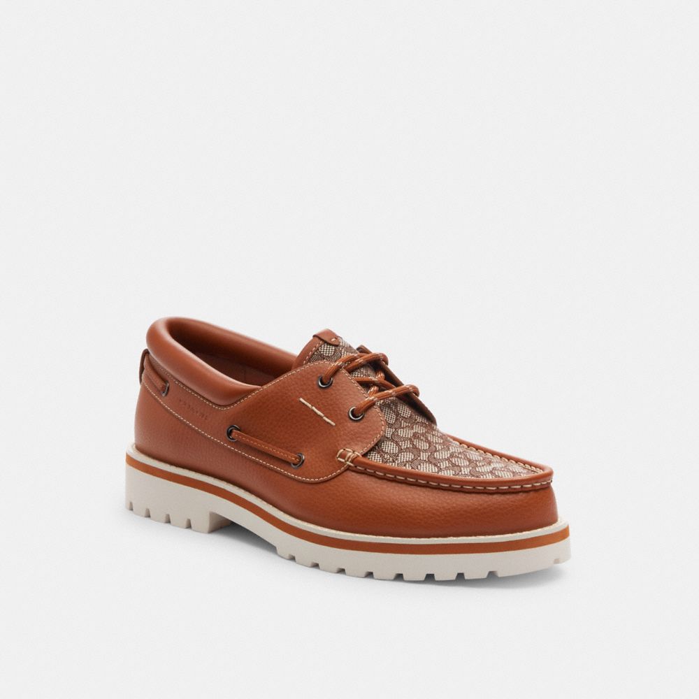 Brown Men Coach Benson Boat Shoe In Signature Jacquard Burnished Amber Boat Shoes | MY_CH60189