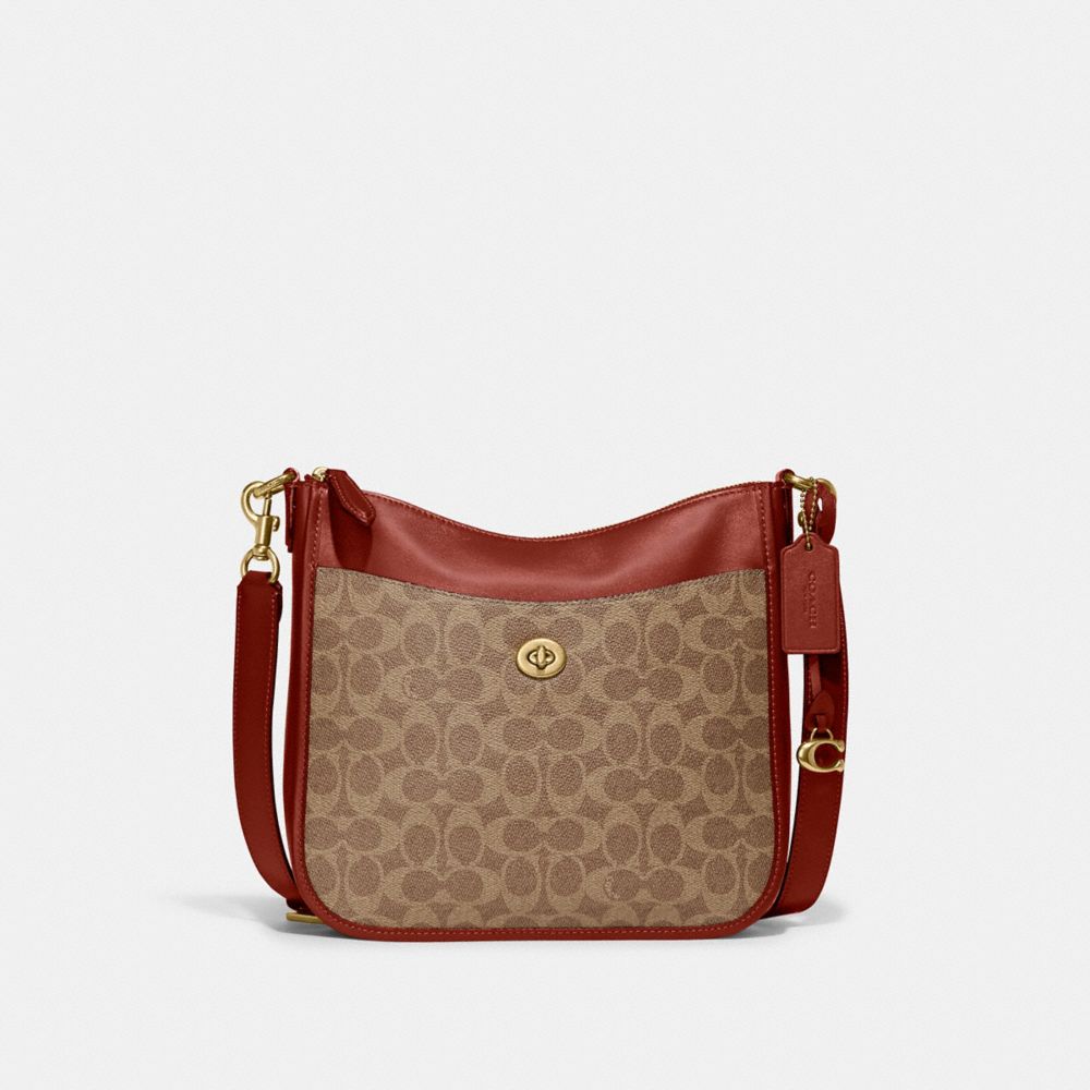 Brown / Red Women Coach Chaise In Signature Canvas Brass Crossbody Bags | MY_CH37584