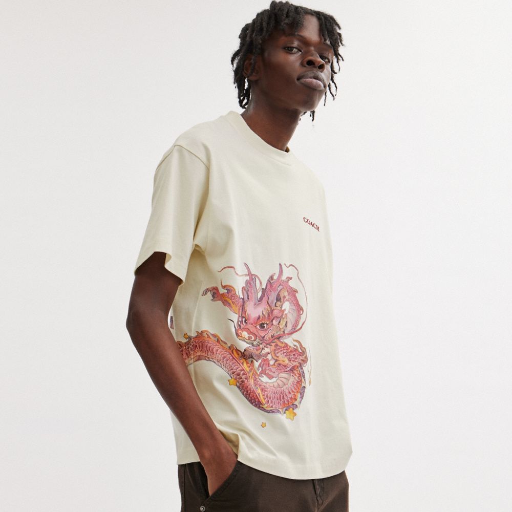 Cream Men Coach New Year With Dragon Cream T Shirts | MY_CH21162