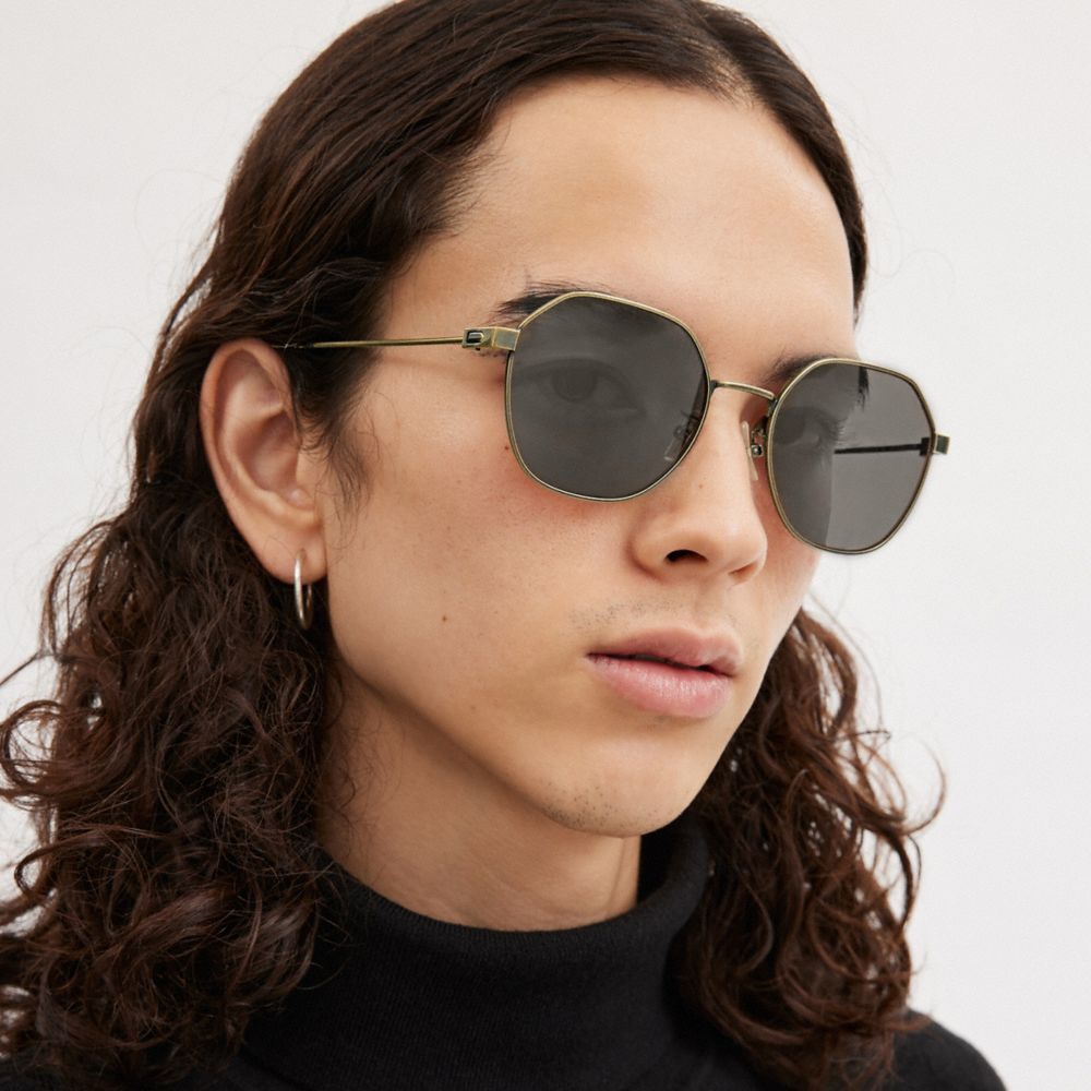 Gold Black Men Coach Hinged Geometric Round Sunglasses | MY_CH77365