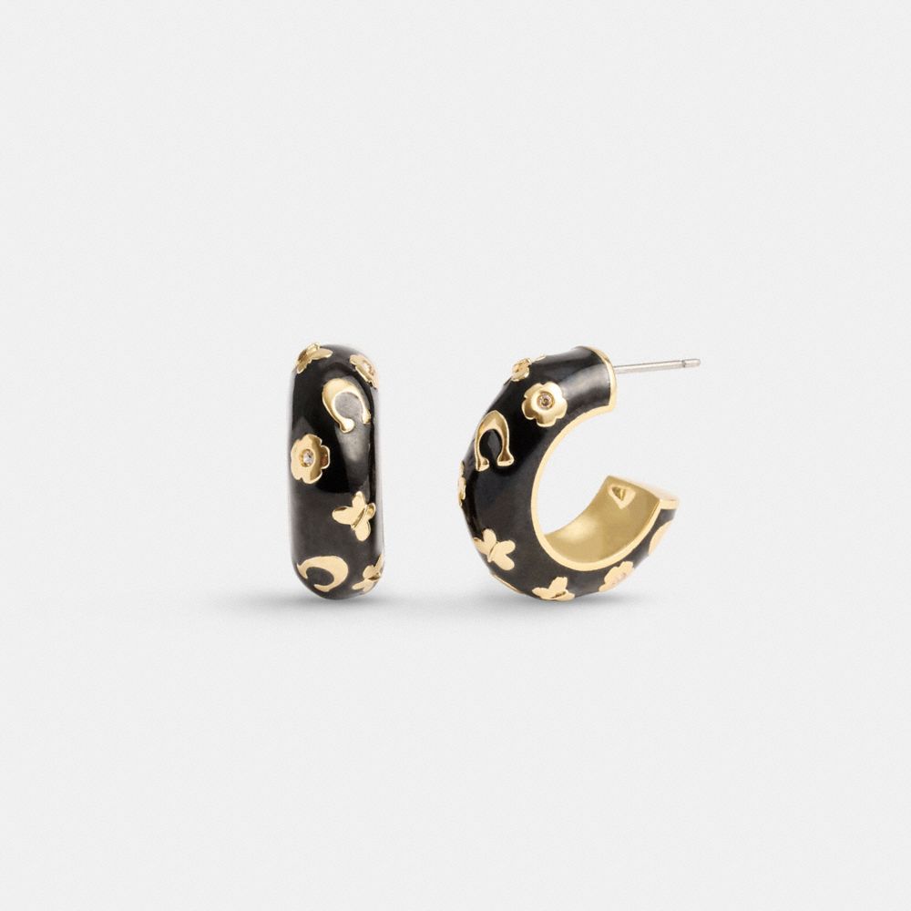 Gold / Black Women Coach Enamel Signature Floral Huggie Earrings | MY_CH22904