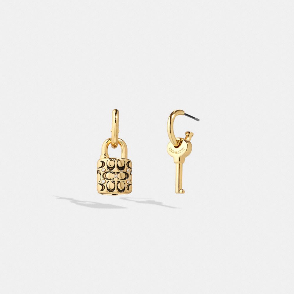 Gold / Black Women Coach Quilted Padlock Key Mismatch Earrings | MY_CH40626