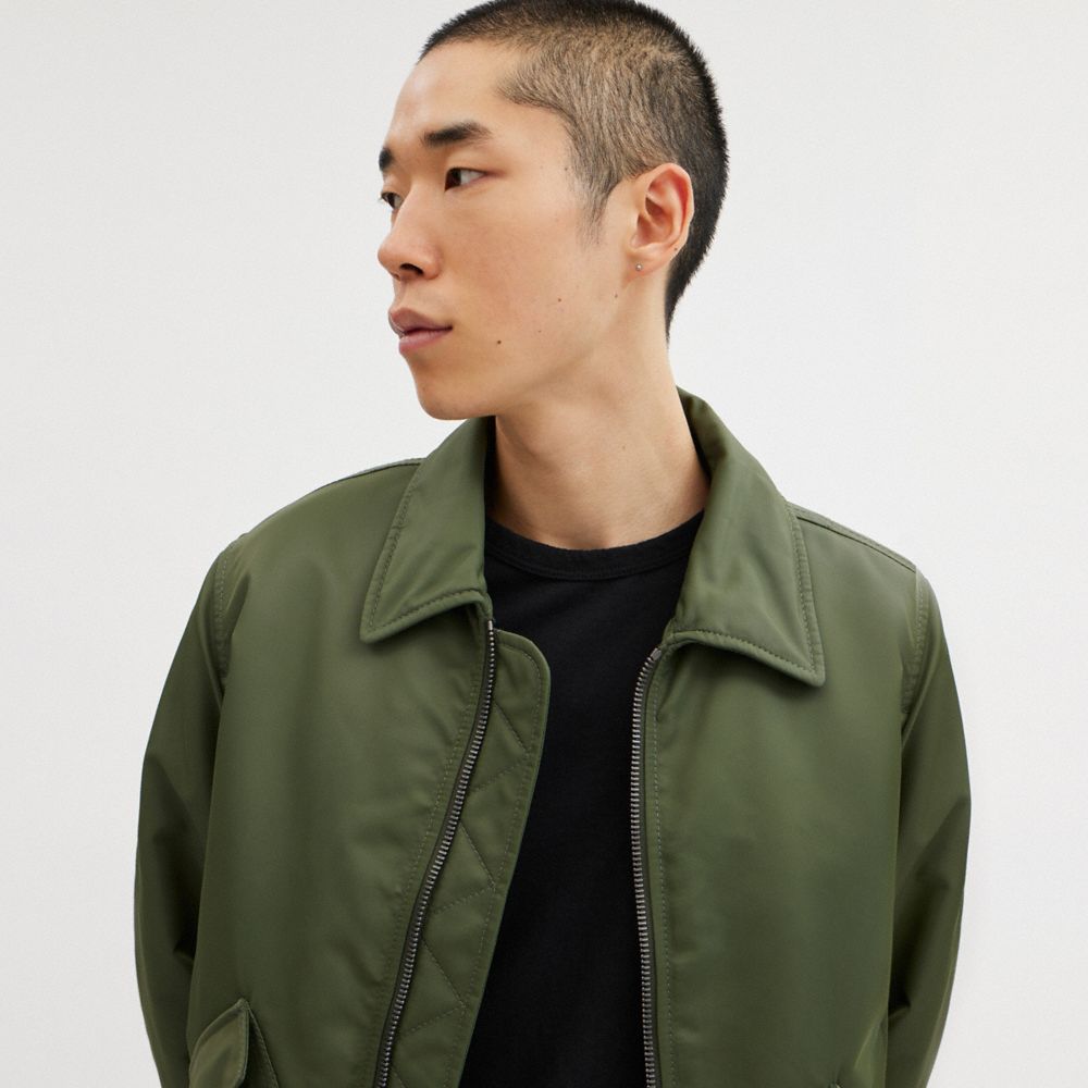 Green Men Coach Woven With Leather Collar Jackets | MY_CH30914