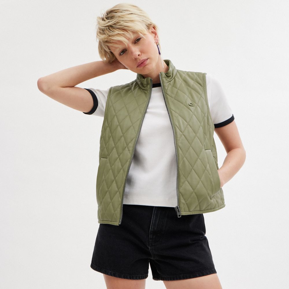 Green Women Coach Leather Quilted Jackets | MY_CH15450