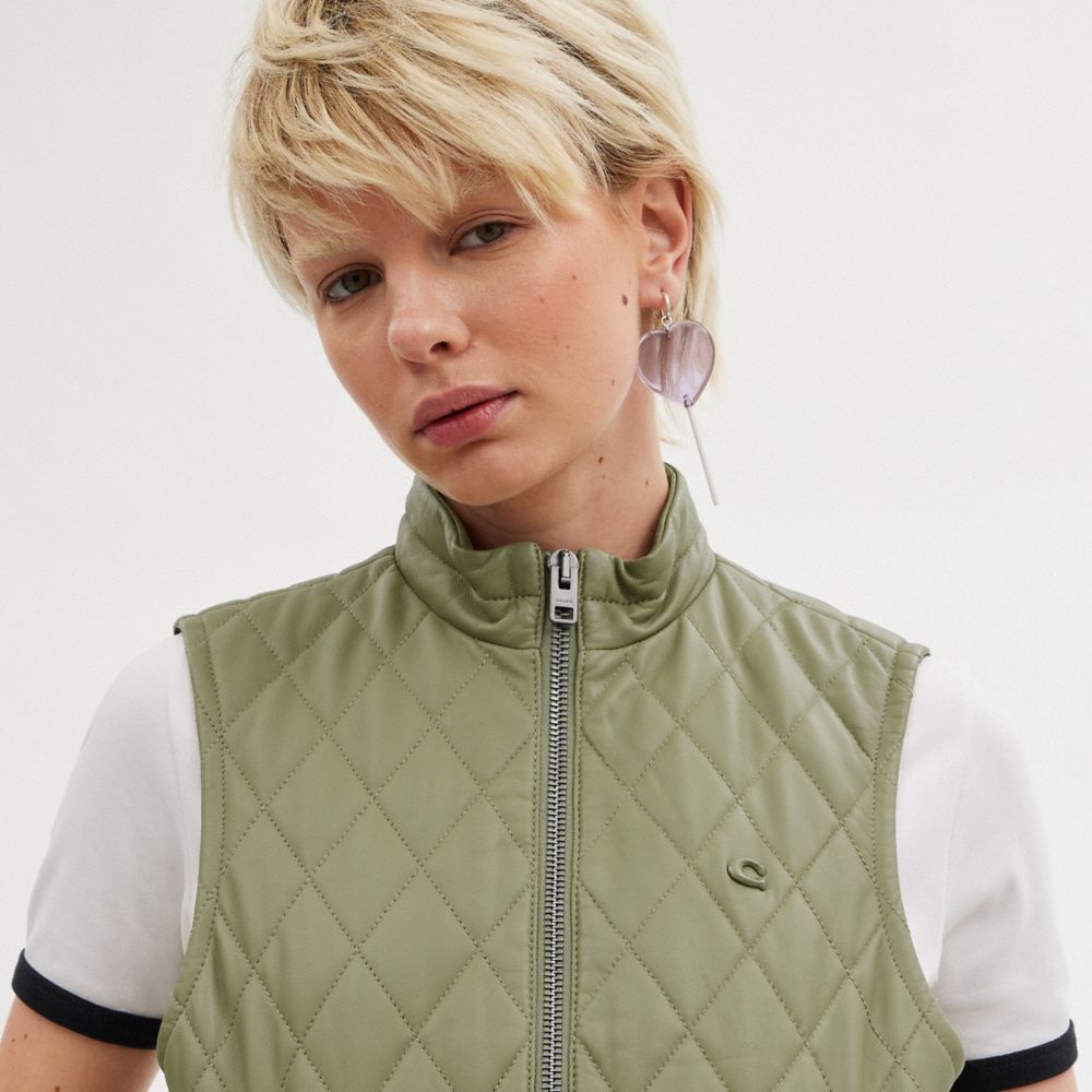 Green Women Coach Leather Quilted Jackets | MY_CH15450