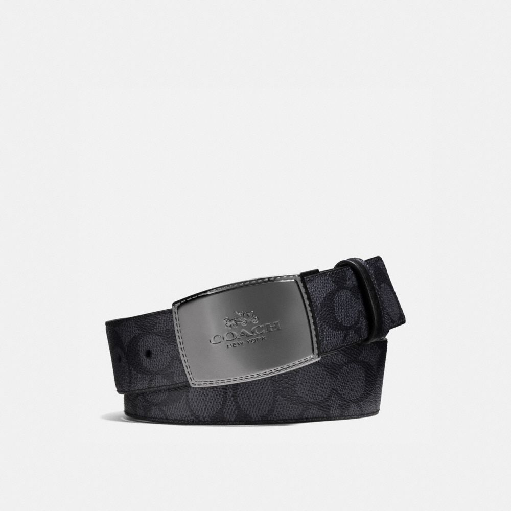 Grey / Black Men Coach Stitched Plaque Buckle Cut To Size Reversible Belt 38 Mm Belts | MY_CH79154