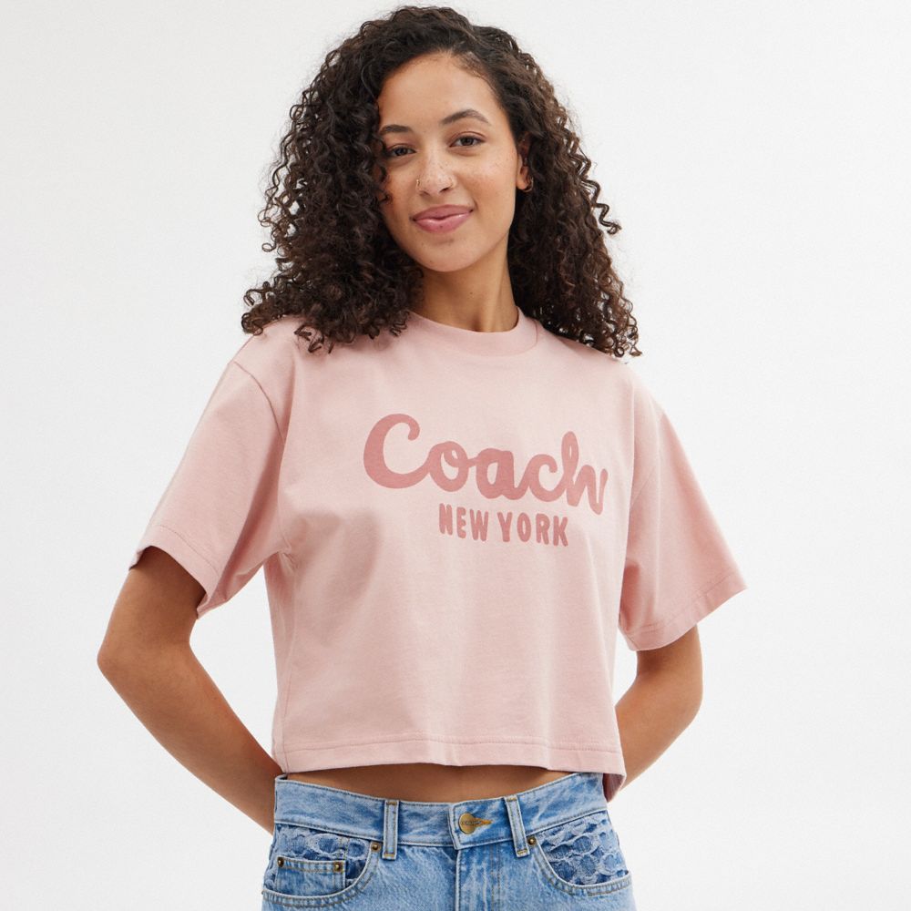 Pink Women Coach Cursive Signature Cropped T Shirts | MY_CH82357