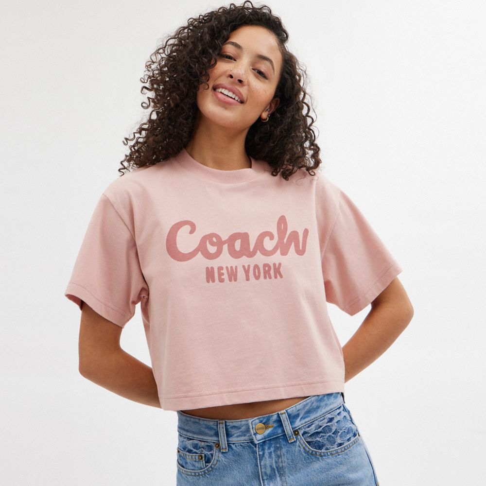 Pink Women Coach Cursive Signature Cropped T Shirts | MY_CH82357