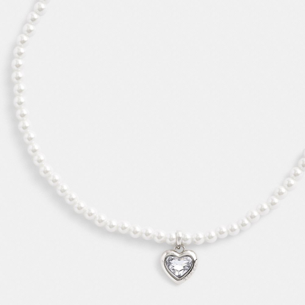 Silver Women Coach Heart Pearl Choker & Clear Necklace | MY_CH55763