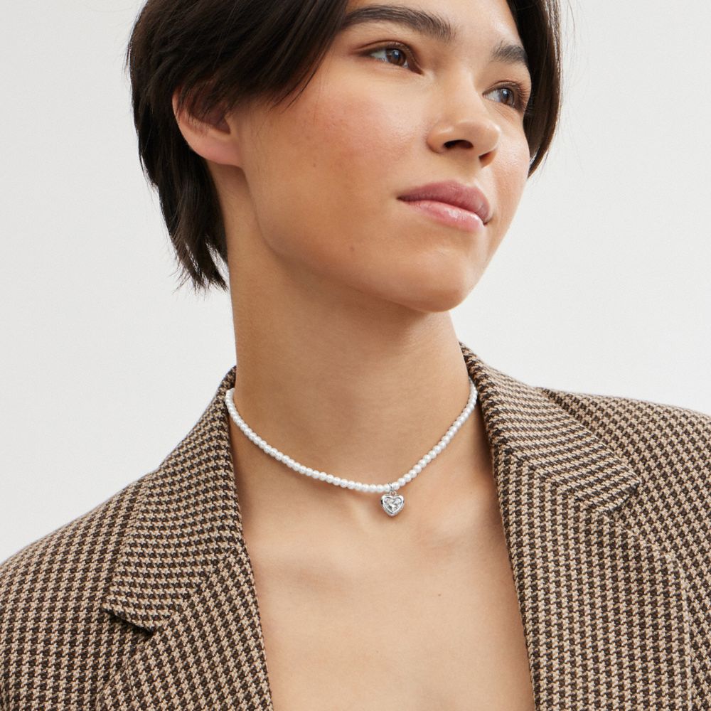 Silver Women Coach Heart Pearl Choker & Clear Necklace | MY_CH55763