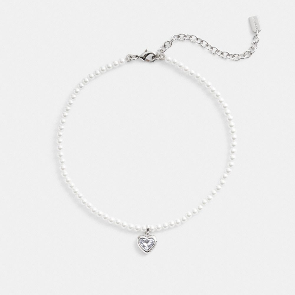 Silver Women Coach Heart Pearl Choker & Clear Necklace | MY_CH55763