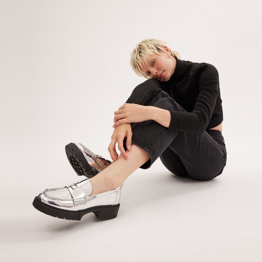 Silver Women Coach Leah In Metallic Leather Loafers | MY_CH29837