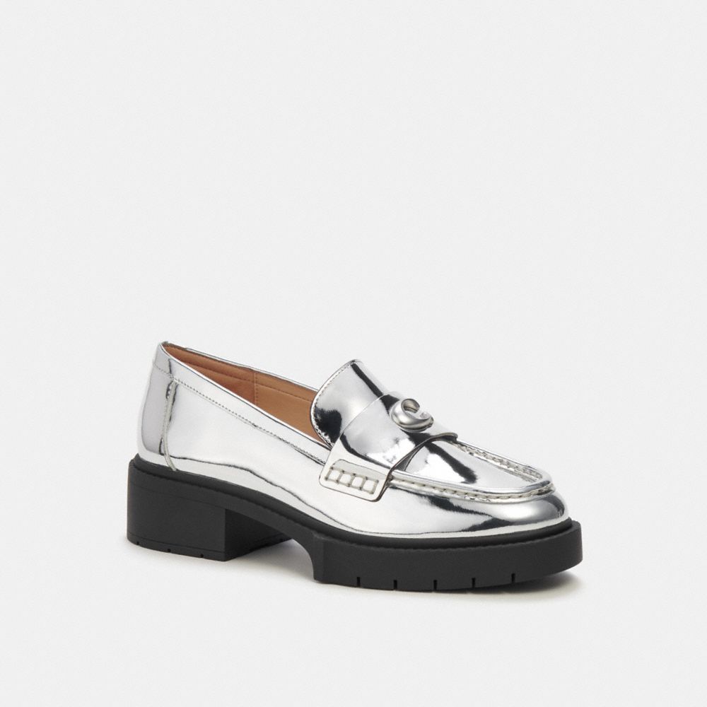 Silver Women Coach Leah In Metallic Leather Loafers | MY_CH29837