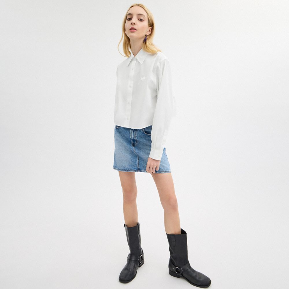 White Women Coach Cropped Button Up Shirt Tops | MY_CH97381